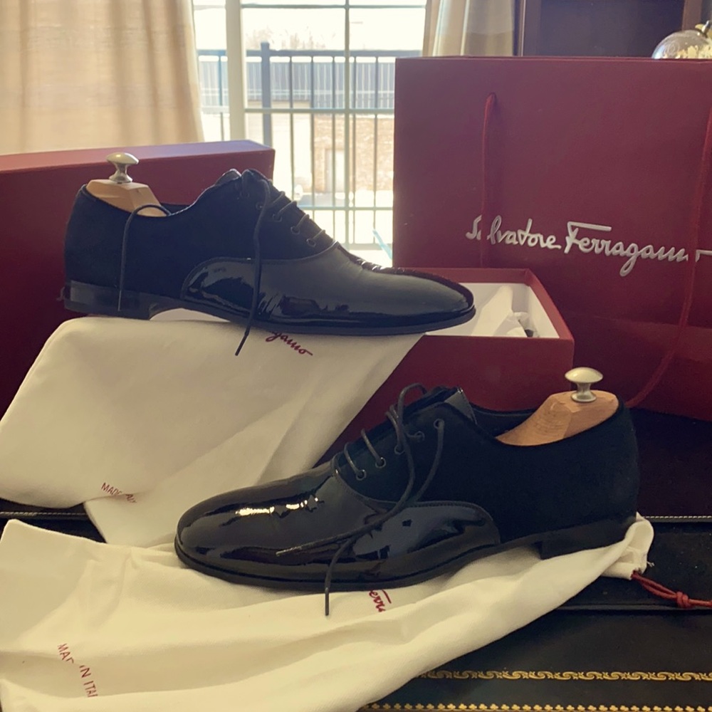 Salvatore Ferragamo Men’s Patent Calf Leather and Black Suede Derby Shoe